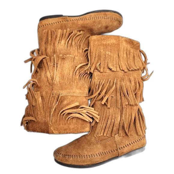 Minnetonka 3 Layer Fringe Genuine Leather Brown Mid Calf Moccasin Boots Size 6 - Picture 5 of 8